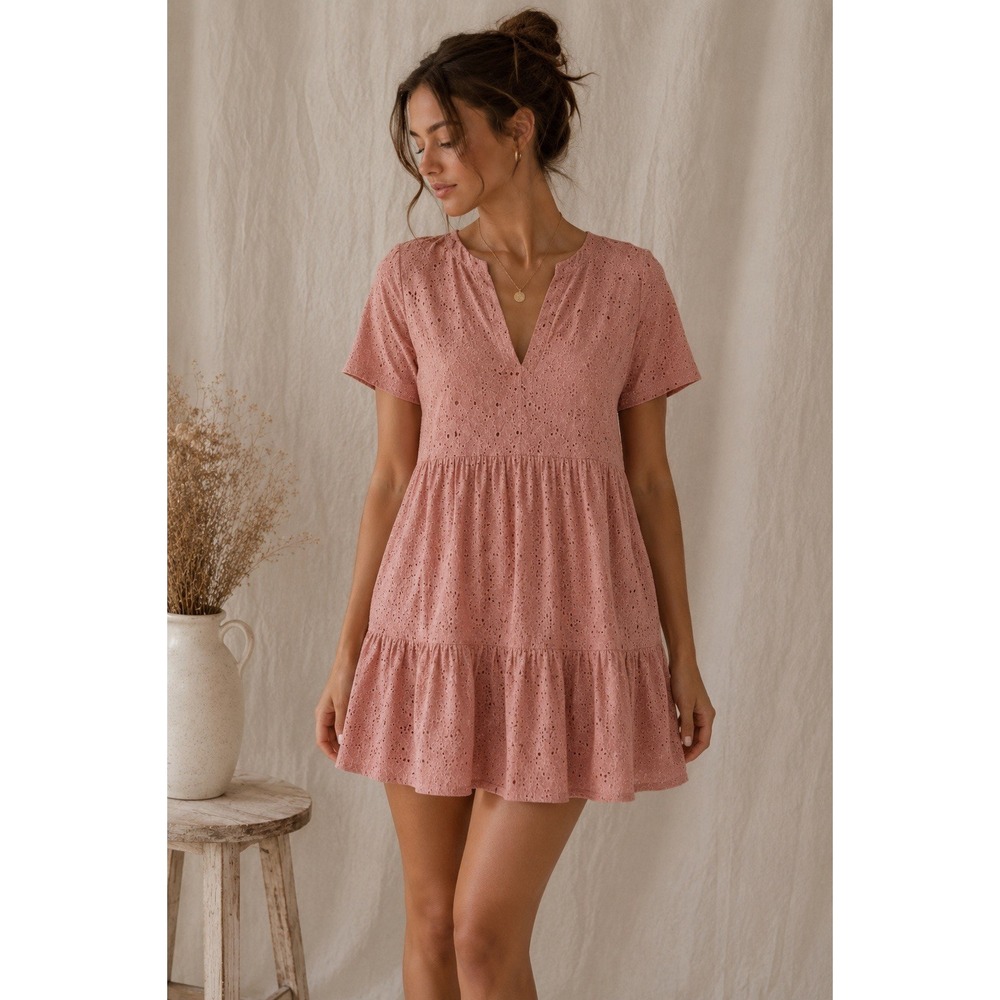 NWT Flamingals Eyelet Mini Dress Small Blush Pink Cotton Tiered Babydoll Tunic